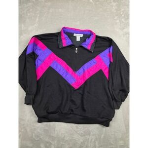 Vintage Lady Lavon 1/4 Zip Women 1X Black Pink Purple Chevron Sweatshirt Jacket